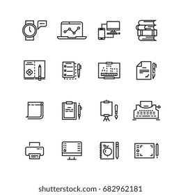 Creative, science, writing tools line icons set. Education and study, vector illustration