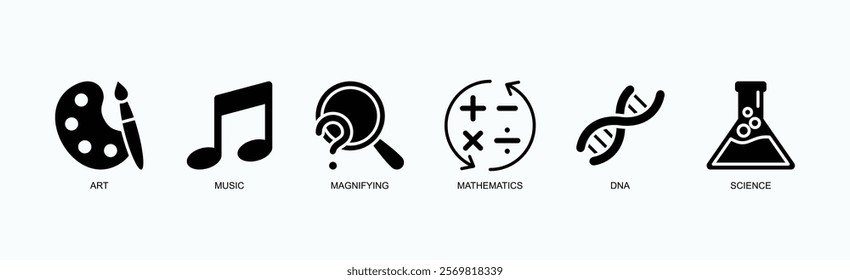 Creative And Scientific Exploration Icons Icon Set Isolated Vector Illustration Concept With Icon Of Art, Music, Magnifying, Mathematics, Dna, Science In Glyph Style