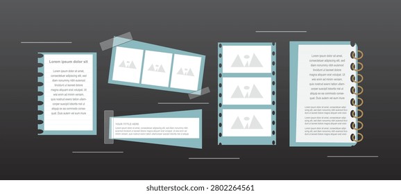 Creative scrapbook and photo memory vector collection featuring notebook pages, film strips, photo frames, and journal layouts. Perfect for photography albums, storytelling, and craft designs.