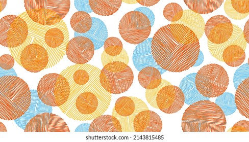 Creative scribble round shapes of lines seamless pattern vector design. Wallpaper print. Simple doodling. Handdrawn circles scribbling. Circular scratch shapes of scribble lines doodle pattern.