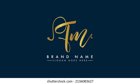 Creative script letters TM T M vector logo Template, Bold brush typography signature style letters, Luxury cursive Golden. Gold isolated on black background.