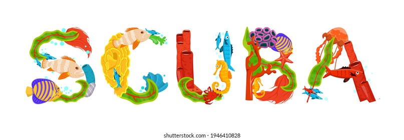 Creative scuba lettering. Unique letters made from fish, seaweed, corals and other sea inhabitants. Horizontal typography poster. Colorful cartoon flat style. Graphic design. Vector illustration