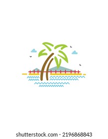 Creative sea beach with sand, Coconut tree, ocean, palm leaves and blue sky