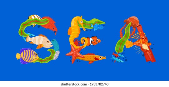 Creative sea lettering. Unique letters made from fish, seaweed, corals and other sea inhabitants. Horizontal typography poster. Colorful cartoon flat style. Graphic design. Vector illustration