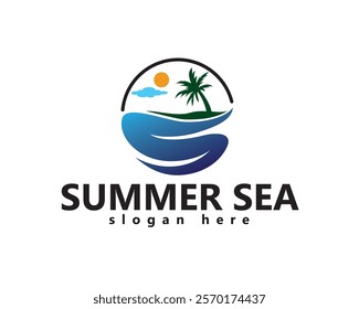 creative sea in the shape of the letter s with a coastline containing palm trees, logo design