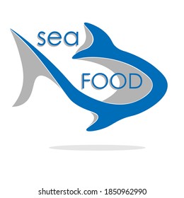 creative seafood logo in the form of an abstract silhouette of a fish with a shadow and an inscription