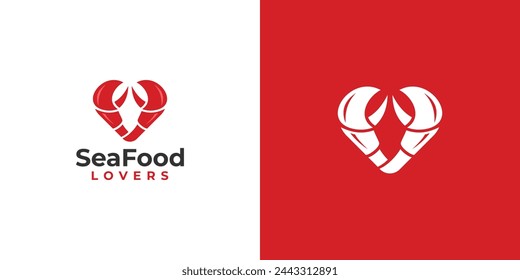Creative Seafood Lovers Logo. Love and Claws Crab, Prawn, Lobster, Clawfish with Minimalist Style. Sea Food Logo Icon Symbol Vector Inspiration.