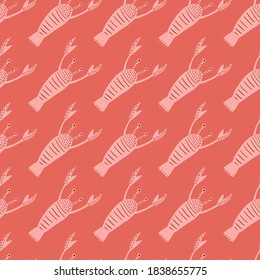 Creative seafood seamless pattern with light pink lobster silhouettes. Cartoon marine animal on red pastel background. Designed for fabric design, textile print, wrapping, cover. Vector illustration.