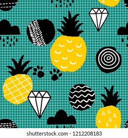 Creative seamles pattern in scandinavian style with yellow pineapples.  Vector endless background.