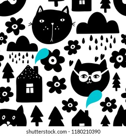Creative seamless background with black cat heads in scandinavian style. Vector endless design. Hand drawn art in trend.