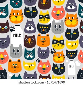 Creative seamless background with cats faces in funny cartoon style. Vector endless illustration.