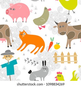 Creative seamless background with farm animals in hand drawn style. Vector endless wallpaper.