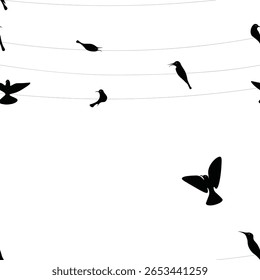 Padrão criativo de aves sem costura com silhuetas pretas sentadas e voando ao longo de fios curvos. Design limpo e moderno ideal para têxteis, papel de embrulho, uso digital e design de superfície.