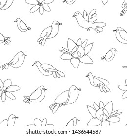 Creative seamless birds pattern. Universal background. One line drawn doodle. Trendy artistic graphic for poster, card, cover, invitation, wrap paper, textile, web design. Vector textured illustration