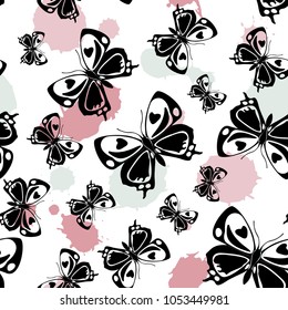Creative seamless butterfly cloth pattern with pale purple and blue blotters on white.Nature butterfly linen theme vector. Repeating insect fabric artwork for marketing.