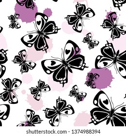 Creative seamless butterfly cloth template with blotter on white. Season butterfly linen theme vector. Repeating insect fabric backdrop for marketing.
