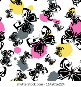 Creative seamless butterfly cloth texture with blotter on white. Flying butterfly linen theme vector. Repeating insect fabric clipart for clothing fabric.