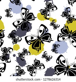 Creative seamless butterfly cloth texture with blotter on white. Wildlife butterfly linen theme vector. Repeating insect fabric artwork for wrapping paper.