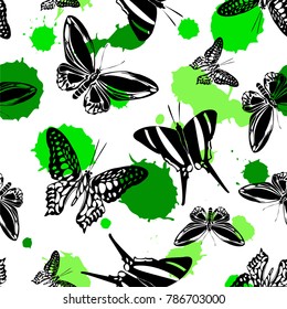 Creative seamless butterfly kite background with green blotter on white.  Season butterfly hover theme vector. Repeating insect soar clipart for ceramic tile.