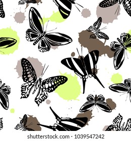 Creative seamless butterfly kite template with brown and lime green blotter on white. Spring butterfly hover theme vector. Repeating insect soar artwork for cover.