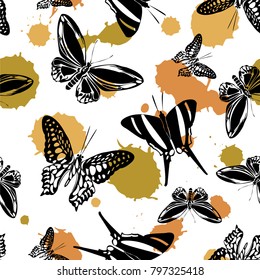 Creative seamless butterfly kite template with orange and khaki blotter on white.  Season butterfly hover theme vector. Repeating insect soar backdrop for wrapping paper.