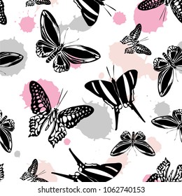 Creative seamless butterfly kite texture with blotter on white.  Nature butterfly hover theme vector. Repeating insect soar backdrop for advertising.