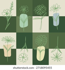 Um padrão de xadrez criativo e sem costura; lindas linhas florais em um fundo verde escuro; uma mistura mínima criativa de estilos geométricos e botânicos para tecidos modernos.