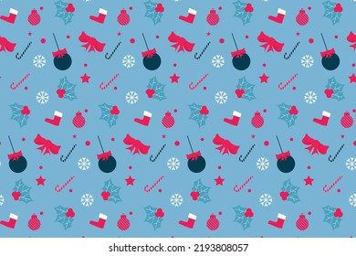 Creative seamless Christmas pattern with decoration balls and red ribbons. Endless abstract pattern for bed sheets and wrapping papers. Minimal Christmas pattern vector with frosty blue background.