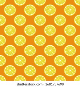 Creative seamless Citrus vector pattern. Lemon slice on orange background. Tropical fruit with hot summer mood. For the original, decorative and modern backdrop, cards, packagings, prints, etc.