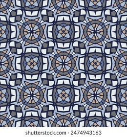 Creative seamless colorful ornament  in gray blue white orange for  design and background. Kaleidoscopic orient popular style. 