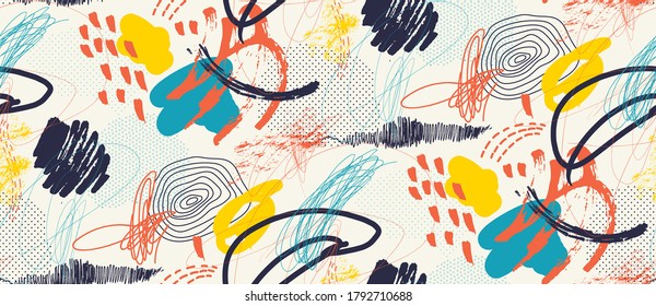 Creative seamless doodle art background with different shapes and textures. Collage. Vector