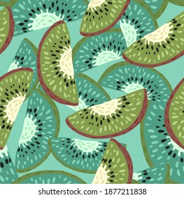 Creative seamless doodle pattern with green and blue colored kiwi slice shapes. Food backdrop. Designed for fabric design, textile print, wrapping, cover. Vector illustration.