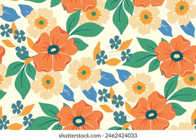 Creative seamless floral pattern: colorful blossoms, leaves for spring and summer designs in fashion, textiles, wallpapers. Abstract ditsy print of large decorative daisy flowers. Vector illustration.