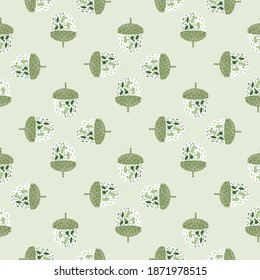 Creative seamless forest pattern with little green acorn ornament. Light pastel background. Stock illustration. Vector design for textile, fabric, giftwrap, wallpapers.