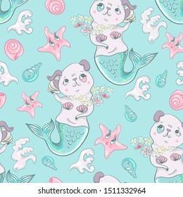 Creative seamless kids pattern with cute kitten, starfish and seashells. Vector baby design for fashion apparels, fabric, textile; wrapping and wallpaper.