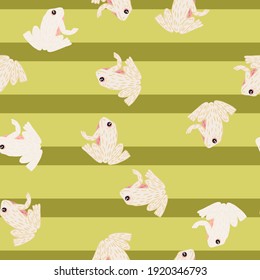 Creative seamless kids pattern with white toad silhouettes ornament. Green olive pastel striped background. Flat vector print for textile, fabric, giftwrap, wallpapers. Endless illustration.