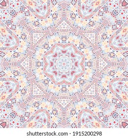 Creative seamless ornament of simple geometry shapes structure. Graphic arabian motif. Packaging print. Small elements texture. Vector kaleidoscope pattern.