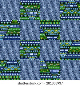 Creative seamless patchwork pattern of colored elements,  pattern with denim jeans background