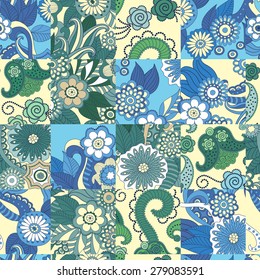 Creative seamless patchwork pattern with with colorful fantasy plants and flowers. Vintage boho style