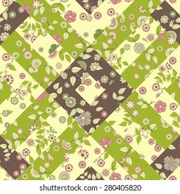 Creative seamless patchwork pattern  with colorful fantasy plants and flowers. Vintage boho style