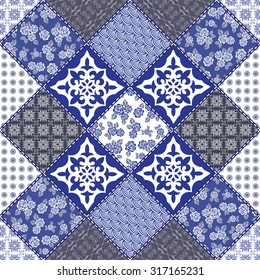 Creative seamless patchwork pattern  with colorful fantasy plants and flowers. Vintage boho style