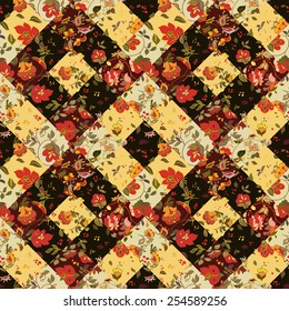 Creative seamless patchwork pattern with flowers. Vintage boho style