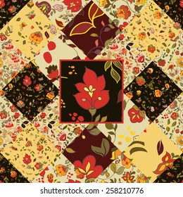 Creative seamless patchwork pattern with flowers. Vintage boho style