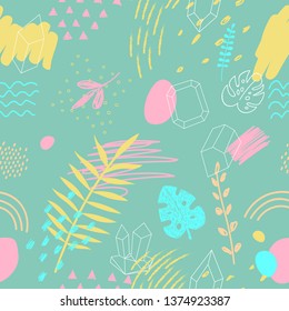 Creative seamless pattern with abstract elements, tropical leaves and outline geometric gems. Colorful neon background.