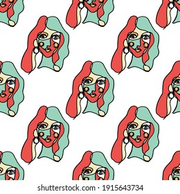 Creative seamless pattern with abstract female portraits. Continuous line drawing. Colorful line art illustration with women. International women's day.