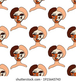 Creative seamless pattern with abstract female portraits. Continuous line drawing. Colorful line art illustration with women. International women's day.