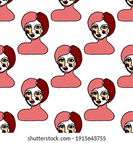 Creative seamless pattern with abstract female portraits. Continuous line drawing. Colorful line art illustration with women. International women's day.