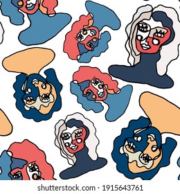 Creative seamless pattern with abstract female portraits. Continuous line drawing. Colorful line art illustration with women. International women's day.