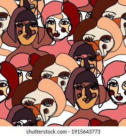 Creative seamless pattern with abstract female portraits. Continuous line drawing. Colorful line art illustration with women. International women's day.