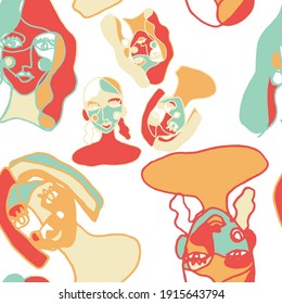Patrón creativo sin fisuras con retratos femeninos abstractos. Dibujo continuo de líneas. Ilustración artística colorida con mujeres. Día Internacional de la Mujer.